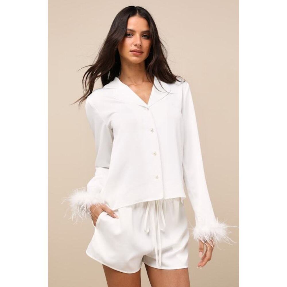 Lulu's White Button-Down Top with Feather Cuffs